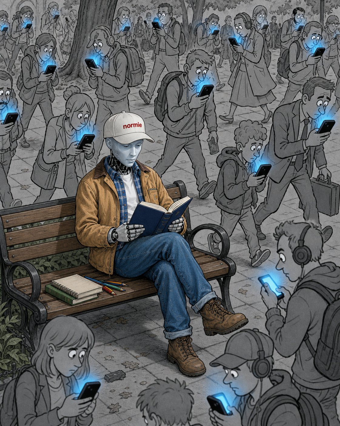 Normie reading on a bench while people scroll phones around him