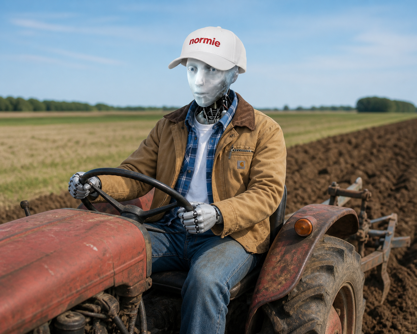 Normie driving a tractor in a field