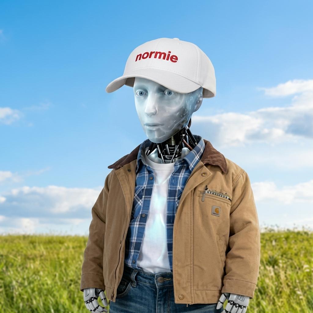 Normie robot wearing a cap and work jacket in a sunny field